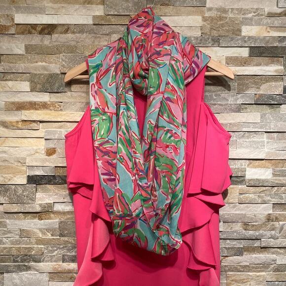 Lilly Pulitzer Riley Infinity Scarf In The Vias | Pink Green Blue Floral Print - Picture 4 of 8